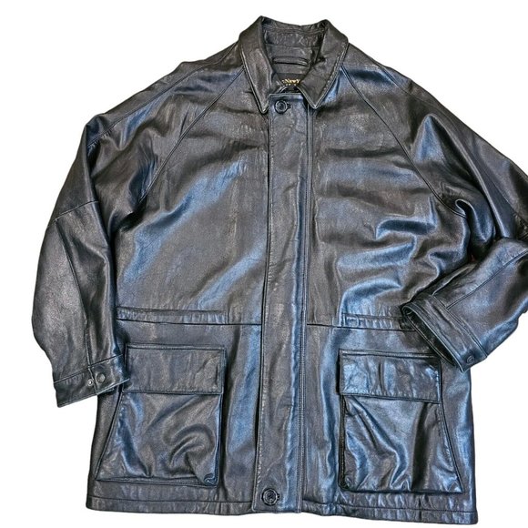 Marc New York Andrew Mark Black Leather Coat XL Zipup Patch Pockets Heavy - Picture 15 of 15